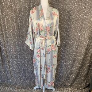 Vintage Dentelle Long White Blue Floral Kimono Robe L Belted Pockets Made in USA
